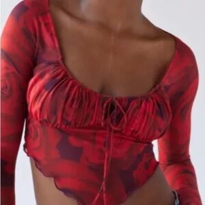Urban Outfitters Burgundy Floral Mesh Blouse